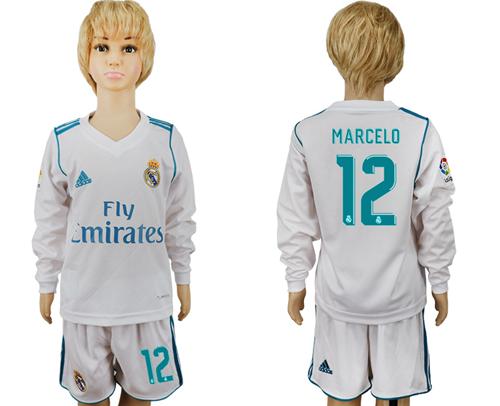 Real Madrid #12 Marcelo Home Long Sleeves Kid Soccer Club Jersey - Click Image to Close